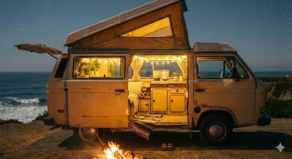 furgoneta camper detenida de noche durante una parada en ruta